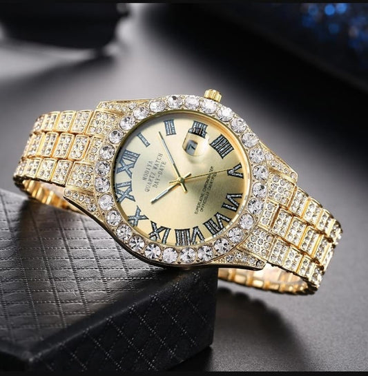 Internet Celebrated Full Diamond Face Roman Scale Steel Band Watch Men's Calendar Quartz Watch